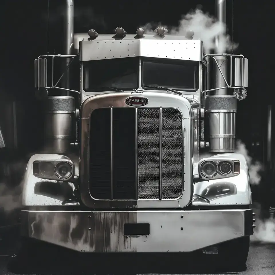 Semi truck front, half restored to chrome shine