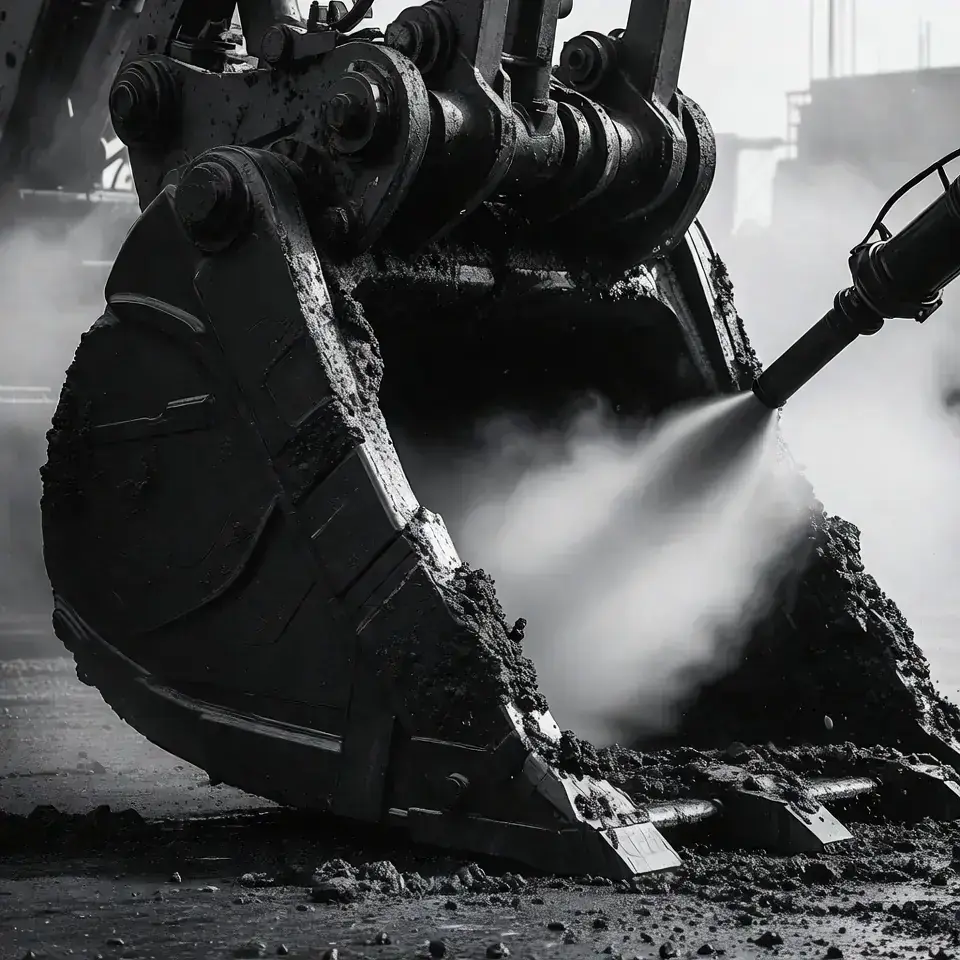 Excavator bucket being blasted clean of hardened concrete